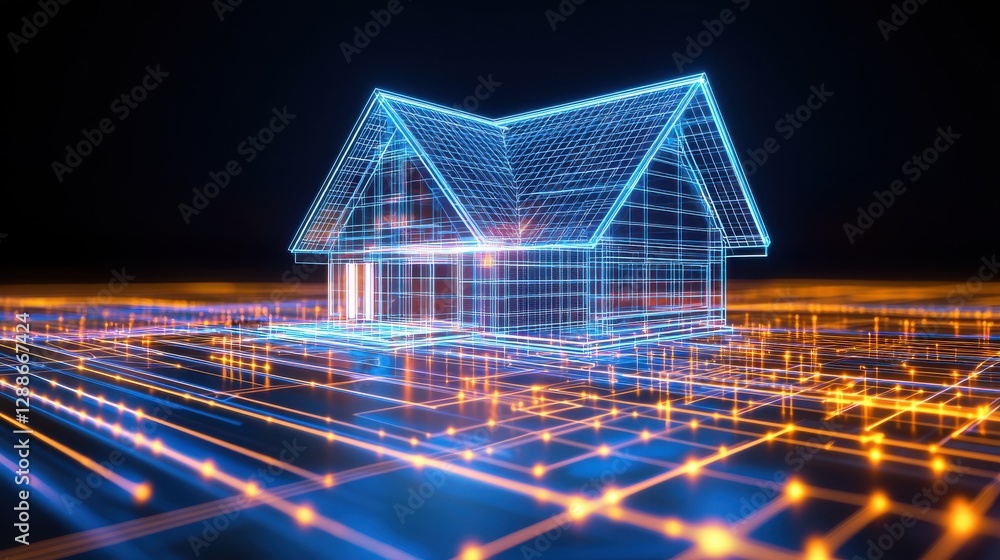 Poster a futuristic, digital representation of a house, showcasing a wireframe design illuminated by glowin