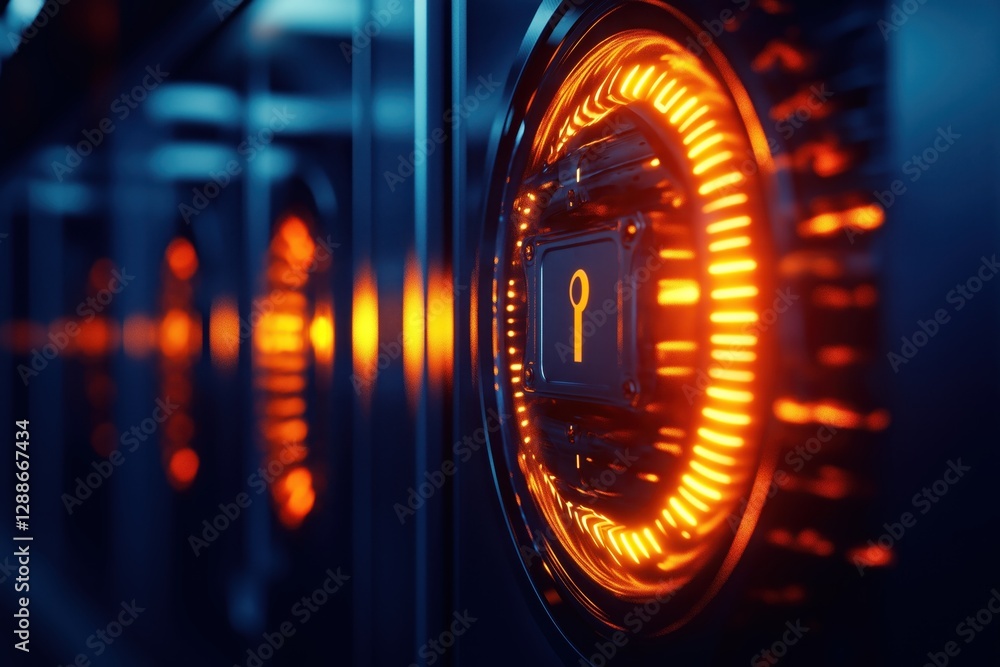 Poster glowing data visualization concept in a high-tech secure sensitive data vault