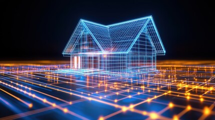 A futuristic, digital representation of a house, showcasing a wireframe design illuminated by glowing lines and circuits, symbolizing smart home technology.
