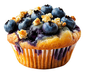 The image showcases a golden blueberry muffin topped with fresh blueberries and a crumbly streusel, highlighting its moist texture and rich berry filling.