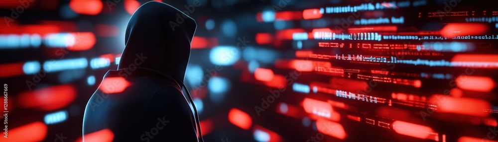 Poster shadowy figure representing hackers in digital environment with data streams
