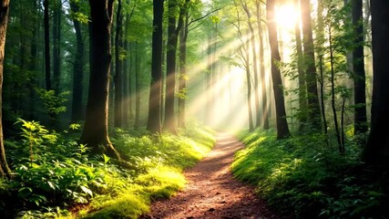 Peaceful forest trail with sunbeams piercing through mist, ideal for Earth Day promotions and nature mindfulness retreats
