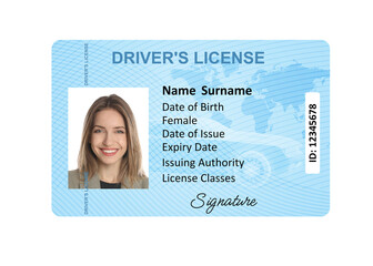 Driver's license with photo of woman and world map illustration isolated on white
