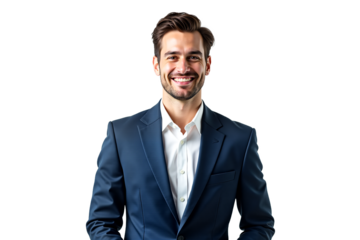 Young businessman portrait smiling warmly. Isolated on transparent background. Professional headshot for corporate profile, website, resume. Clean, modern, photorealistic.