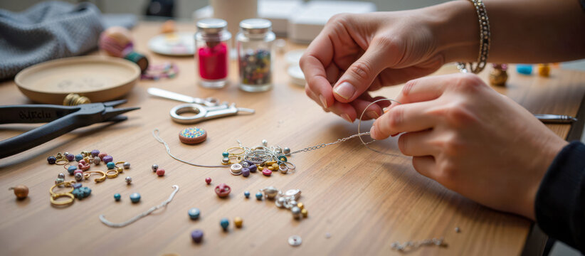Handmade jewelry making process with beads, rings, chains, pliers, and tools on wooden table close-up, creative craft hobby, artisan hands working with metal and gemstones