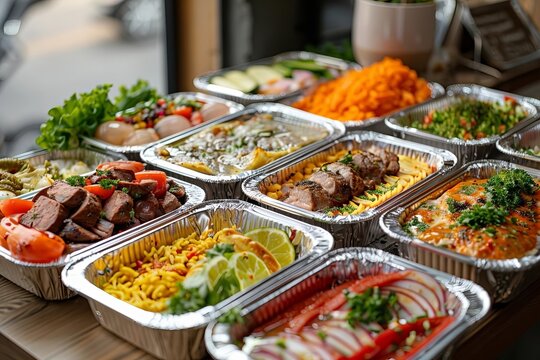 Various Ready-to-Eat Meals in Foil Containers Displayed on the Table