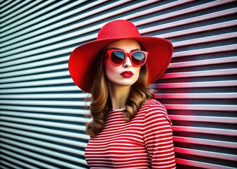 Fototapeta premium Dynamic portrait of a stylish woman in a bold red hat with sunglasses, set against an artistic striped wall, embodying modern fashion and personal expression.