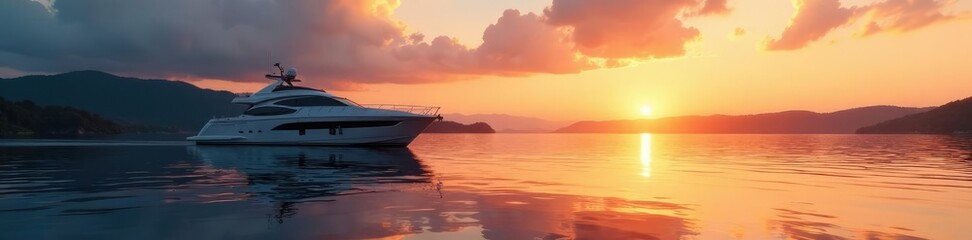 Fototapeta premium Majestic yacht in the distance on a serene lake at sunset, peaceful, yacht
