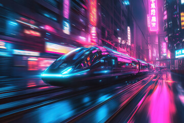 Fototapeta premium A futuristic high-speed train speeds through a neon-lit cityscape at night, surrounded by vibrant pink and blue lights reflecting off the wet streets.