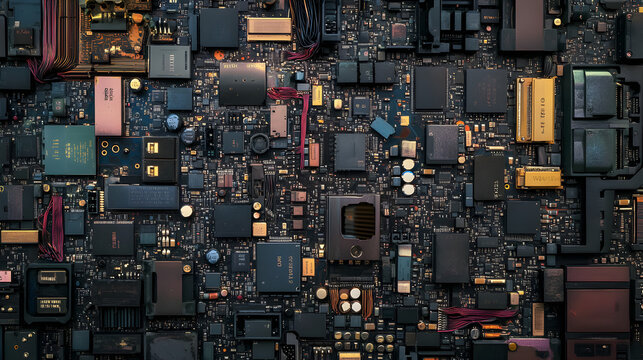 of computer components, including wires, motherboards, and processors, creating a complex, interconnected pattern of textures 