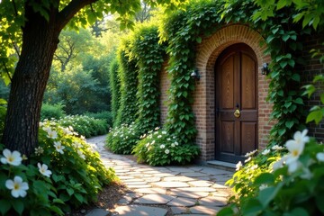 Fototapeta premium Serene Garden Path Leading to a Wooden Door Framed by Lush Greenery and Brickwork