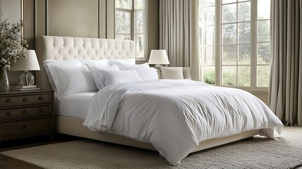 Double bed with crisp white sheets in a neutral-toned bedroom setup, inviting relaxation and restfulness