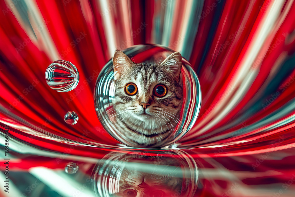 Aufkleber a cat with striking blue and orange eyes sits inside a crystal bubble, surrounded by swirling red an
