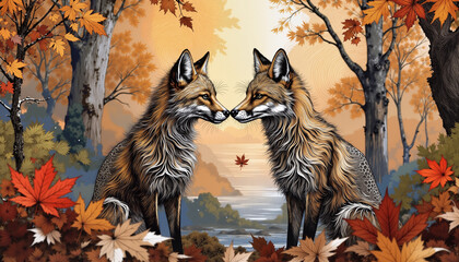 Two foxes nuzzling in autumn forest setting