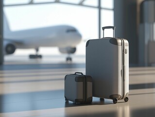 Fototapeta premium Luggage bags and travel suitcases waiting in an airport terminal next to a boarding gate during the day