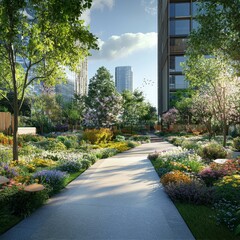 Serene Urban Garden Path with Blooming Flowers and Modern Architecture Amidst a Peaceful Setting