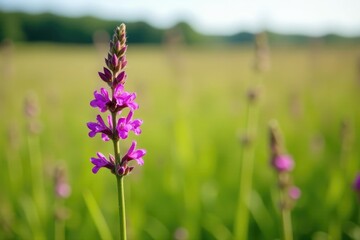 Mature Scutellaria galericulata plant in the meadow, flowering grasses, landscape, scutellaria galericulata