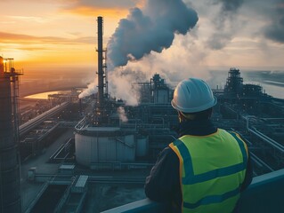 Obraz premium Professional worker observes operations at industrial plant during sunset in an urban area