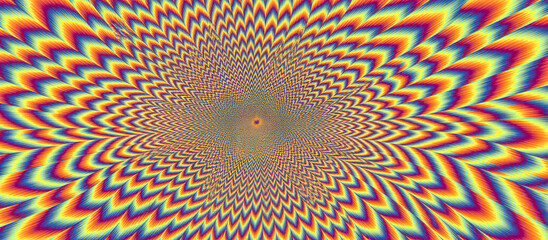 Psychedelic visual art with vivid colors and hypnotic design. Concentric zigzag patterns radiate from center creating dynamic optical illusion. Bright hues of red, blue, yellow, green blend