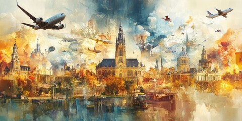 Artistic impression of a European city with various flying objects