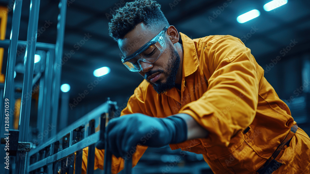 Poster factory worker in orange jumpsuit using machine with safety gear, focused on task