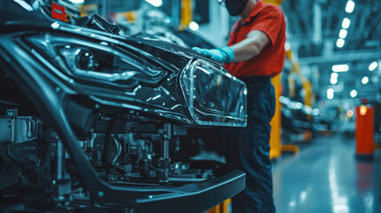 Factory worker assembling vehicle parts in manufacturing facility, focused and precise