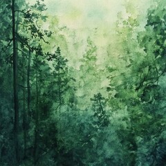 Watercolor Forest Landscape with Towering Trees and Misty Atmosphere in Deep Green Hues