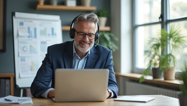 Mature smiling businessman in headset works on laptop in office. Freelancer consults client online, using computer, microphone for video conference. Manager makes call, adviser learning from home.