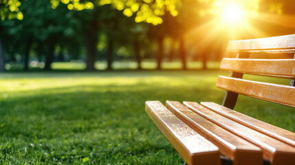 peaceful park bench bathed in dappled sunlight, surrounded by lush greenery