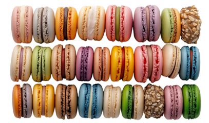 an assortment of colorful macarons, some featuring artistic decorations with calligraphy and traditional illustrations, while others are topped with seeds and come in a variety of pastel shades.