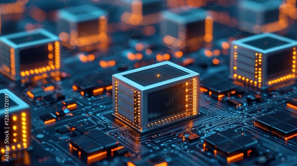 Poster a close-up view of a circuit board featuring illuminated microchips, showcasing a futuristic technol