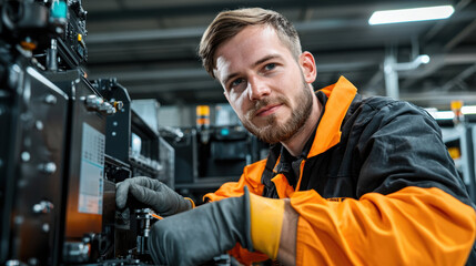 Fototapeta premium Factory worker inspecting machinery with focus and precision in workshop