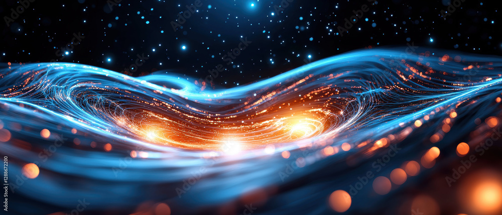 Poster digital waves with luminous patterns and glowing particles create mesmerizing cosmic scene