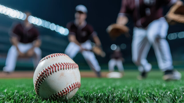 Baseball players preparing to catch ball on field at night