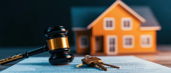 gavel next to house keys on mortgage document symbolizes legal matters