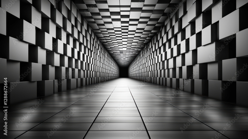 Poster geometric corridor with black and white checkered walls and floor creates sense of depth and perspec