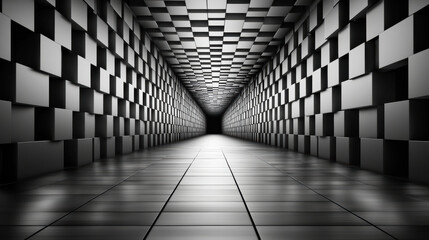 geometric corridor with black and white checkered walls and floor creates sense of depth and perspective