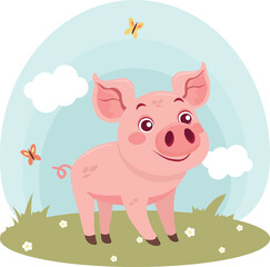 Pig. Farm animals with landscape - cute cartoon vector illustration