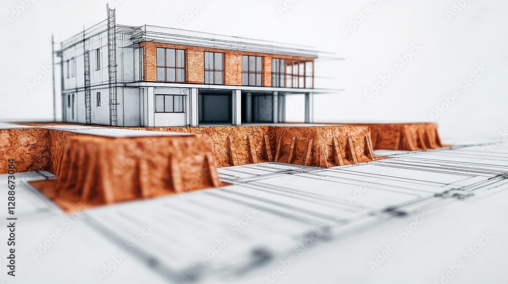 Poster a modern architectural model of a house under construction, featuring a detailed foundation and stru
