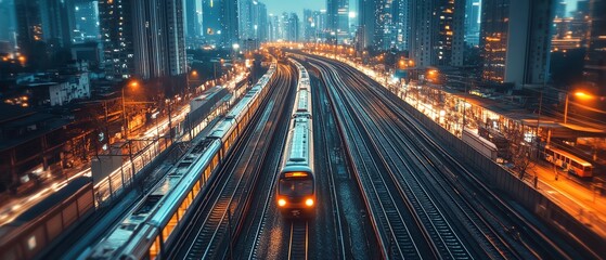 Obraz premium Railway network for goods transportation, trains moving freight, busy tracks connecting cities, infrastructure for commerce, industrial revolution theme, hyperrealistic, 8K clarity
