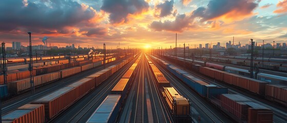 Fototapeta premium Railway network for goods transportation, trains moving freight, busy tracks connecting cities, infrastructure for commerce, industrial revolution theme, hyperrealistic, 8K clarity