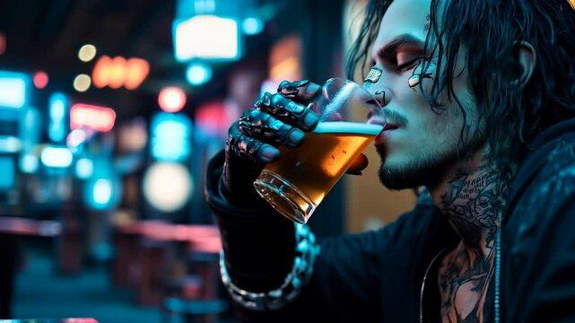 a young cyberpunk goth male in the pub slowly drinking a beer. 