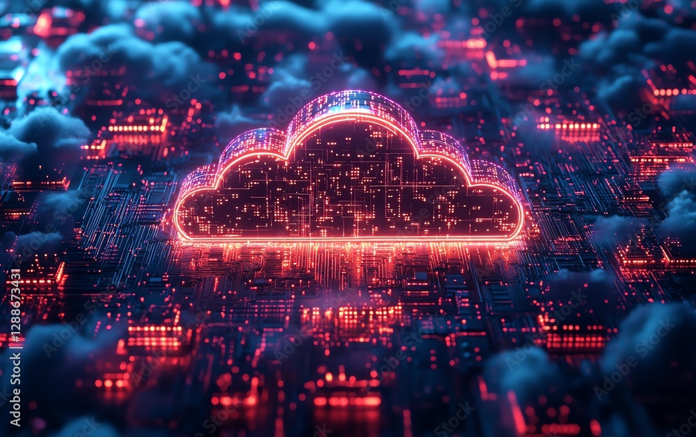 Poster secure cloud computing, encrypted digital vault, futuristic cybersecurity infrastructure, glowing se