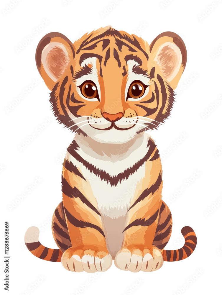 Poster tiger sitting down in a natural habitat with surrounding greenery and foliage visible in the backgro