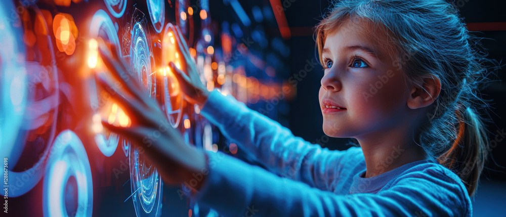 Poster Child interacting with glowing touch interface, exploring technology and learning