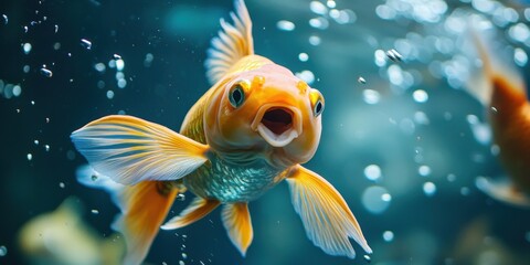 A vibrant goldfish swims amidst bubbles in a clear aquarium, showcasing its bright orange color and delicate fins.