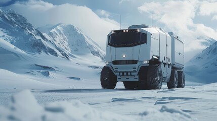Futuristic Transport Vehicle in Snowy Landscape with Majestic Mountains and Clear Blue Sky