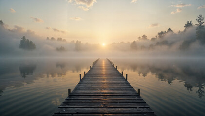 A serene image of a wooden dock extending into a calm lake shrouded in morning mist.