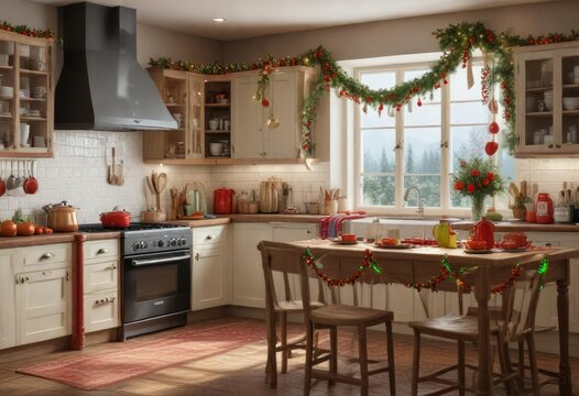 Festive kitchen decor with red and green garlands, color scheme, festive, seasonal