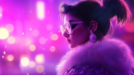 Elegant Lady in Fur Coat with Sunglasses under City Lights at Night Glamorous Scene Rendered